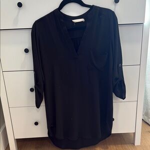 Lush Black 3/4 Sleeve Relaxed roll tab Blouse with V neck Collar